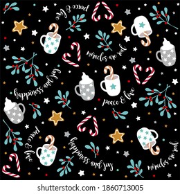 Christmas new year holiday seamless vector pattern .Red white lollipops candies, cups, ginger cookies, grey stars, leaves, berries.Black background.Print, fabric, wrapping gift paper.Holidays.