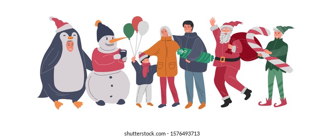 Christmas and New Year holiday set with Santa, elf, penguin and snowman portrait photo with happy family. Mother father with children with animator in christmas costume. Vector cartoon illustration