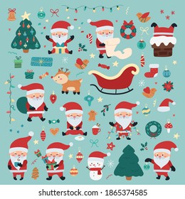 Christmas and New Year holiday set with Santa Claus in different situations, presents, Christmas decorations, deer and snowman. Ideal for print on postcards and stickers. Hand drawn characters.