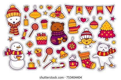 Christmas and New Year. Holiday stickers, patches, badges, pins, prints. Vector isolated illustrations.