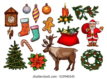 Christmas and New Year holiday symbol set. Sketched Santa, gift bag, xmas tree with lights, candy cane, pine wreath, candle, bauble ball, stocking sock, gingerbread man, clock, poinsettia and reindeer