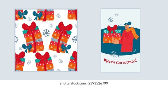 Christmas and New Year holiday templates set include seamless pattern and greetings card design, flat vector illustration.