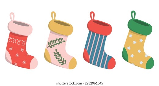 Christmas and New year holiday traditional colorful socks with holiday ornaments. Isolated on white background. Vector cartoon illustration.