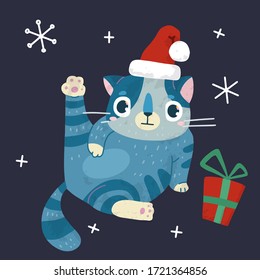 Christmas and New Year holiday vector stock illustration with cute cat and snow. Hand drawn  style.  For greeting card, winter posters, tags, invitations, labels, social media posts and scrapbooks.