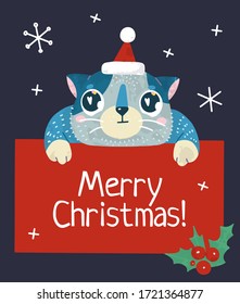 Christmas and New Year holiday vector stock illustration with cute cat and snow. Hand drawn  style.  For greeting card, winter posters, tags, invitations, labels, social media posts and scrapbooks.