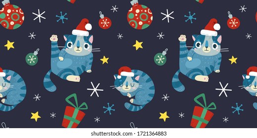 Christmas and New Year holiday vector seamless pattern with cute cat. Hand drawn  style.  For for wrapping paper, background, textile, social media posts.