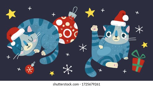 Christmas and New Year holiday vector stock illustration with cute cat and snow. Hand drawn  style.  For greeting card, winter posters, tags, invitations, labels, social media posts and scrapbooks.