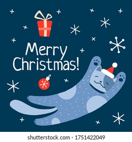 Christmas and New Year holiday vector stock illustration with cute cat and snow. Hand drawn  style.  For greeting card, winter posters, tags, invitations, labels, social media posts and scrapbooks.