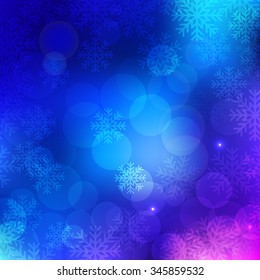 Christmas and New Year holidays blue background bokeh effect with defocused lights and snowflakes. Vector illustration EPS10