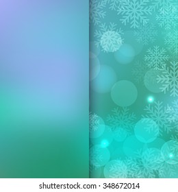 Christmas and New Year holidays blue Background bokeh effect with defocused lights and snowflakes. Vector illustration EPS10