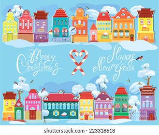 Christmas and New Year holidays card with small fairy town on light blue background with decorative colorful houses in winter time. 