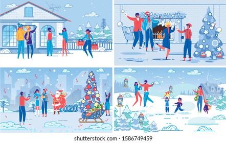 Christmas and New Year Holidays Celebration with Cheerful People - Family Members, Friends or Colleagues and Santa Cartoon Character. Festive Winter Backgrounds Set. Flat Vector Illustration.