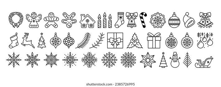 Christmas and New Year holidays elements icons set. Vector illustrations. Editable stroke.