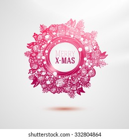 Christmas and New Year holidays Fashion style  wreath vector. Hand drawn Xmas vintage illustration with fur tree and balls for corporate greetings.