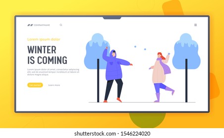 Christmas and New Year Holidays Fun Website Landing Page. Woman and Man Playing Snowballs on Street. Winter Season Outdoors Leisure and Activities Web Page Banner. Cartoon Flat Vector Illustration