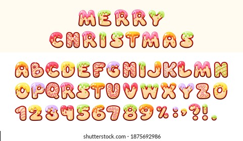 Christmas and New Year holidays gingerbread cookies alphabet. Xmas cartoon cookies alphabet, sweet winter food with decorated glazed sugar, arabic numbers, signs, covered icing-sugar vector