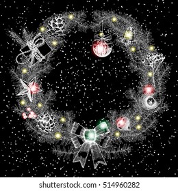 Christmas and New Year holidays hand drawn illustration with xmas wreath made of fir tree. Vector.