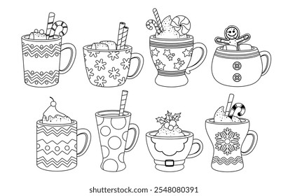 Christmas and New Year holidays hot drinks in cup and mug black-and-white sketch design isolated set