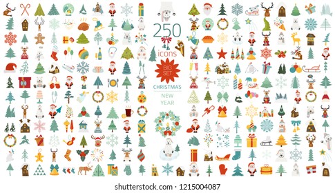 Christmas, New Year holidays icon big set. Flat style collection. Vector illustration