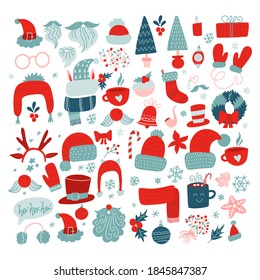 Christmas, New Year holidays icon big set. Red and green xmas decoration. Decor elements. knitted chothes. Flat hand drawn style collection. Vector illustration.