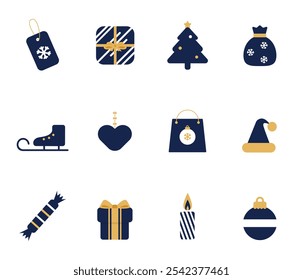 Navidades, conjunto grande del icono de las vacaciones del año Nuevo. Varias decoraciones de Navidad, pegatinas, emblemas, adornos, adornos. Navidades de lujo Baubles. Deep Blue y oro. Colección de estilo plano