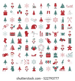 Christmas, New Year holidays icon big set. Red and green xmas decoration. Flat style collection. Vector illustration