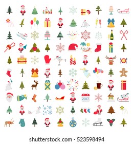 Christmas, New Year holidays icon big set. Xmas decoration with angel, tree, snowman, snowflake, star. Flat style collection. Vector illustration