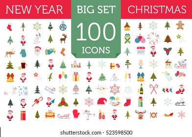 Christmas, New Year holidays icon big set. Xmas decoration. Flat style collection. Vector illustration