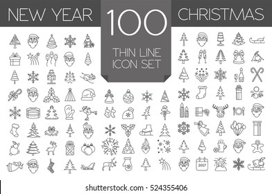 Christmas, New Year holidays icon big set. Thin line version. Xmas decoration with angel, tree, snowman, snowflake, star. Flat style collection. Vector illustration