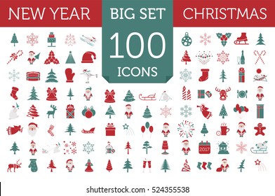 Christmas, New Year holidays icon big set. Red and green xmas decoration with angel, snowman, deer. Flat style collection. Vector illustration