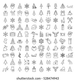 Christmas, New Year holidays icon big set. Thin line version. Xmas decoration with angel, tree, snowman, snowflake, star. Flat style collection. Vector illustration