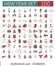 Christmas, New Year holidays icon big set. Red and green colours. Flat style collection. Vector illustration