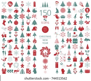 Christmas, New Year holidays icon big set. Flat style collection. Vector illustration