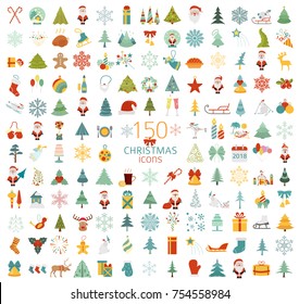 Christmas, New Year holidays icon big set. Flat style collection. Vector illustration