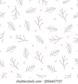 Christmas, New Year, holidays seamless pattern with painted twigs on a transparent background. Winter texture for printing, paper, design, fabric, decor, gift, food packaging, backgrounds.