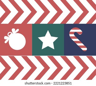 Christmas and new year holidays, seamless pattern or background with zig zag stripes and silhouette of star and decorative bauble for pine tree. Lollipop candy, tasty sweets. Vector in flat style