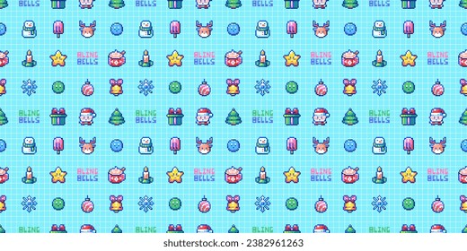 Christmas and New Year Holidays and Seamless Background Pattern. 8bit Retro Santa Claus, Ice Cream, Snowman, and other Winter Characters.