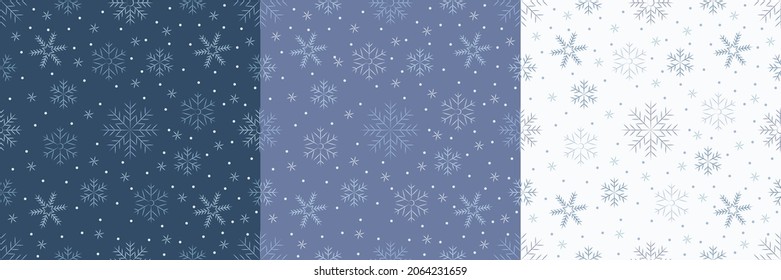 Christmas, New Year, holidays a set of seamless patterns with painted snowflakes in three colors. Winter texture for printing, paper, design, fabric, decor, gift, food packaging, backgrounds.