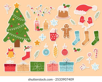 Christmas, New Year holidays stickers big set. Flat style collection. Vector illustration