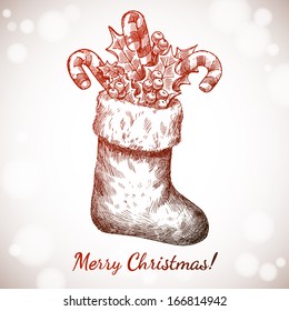 Christmas & New year holidays vector hand drawn illustration with Xmas sock decoration with presents