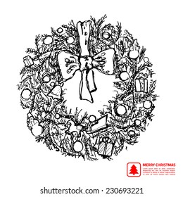 Christmas, New year holidays vector hand drawn illustration with xmas wreath