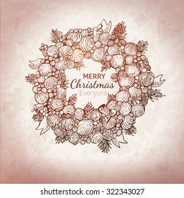 Christmas and New Year holidays vector. Hand drawn Xmas wreath vintage illustration with fur tree and balls.
