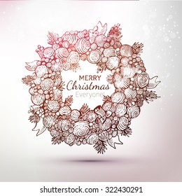 Christmas and New Year holidays vector. Hand drawn Xmas wreath vintage illustration with fur tree and balls.