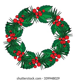 Christmas & New year holidays vector hand drawn illustration with xmas wreath
