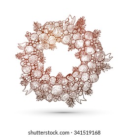 Christmas and New Year holidays vector. Hand drawn Xmas wreath vintage illustration with fur tree and balls. Engraving.