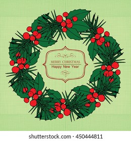 Christmas & New year holidays vector hand drawn illustration with xmas wreath