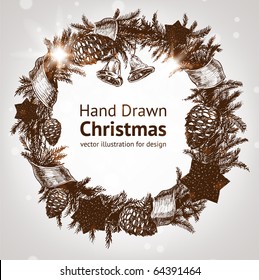 Christmas & New year holidays vector hand drawn illustration with xmas wreath