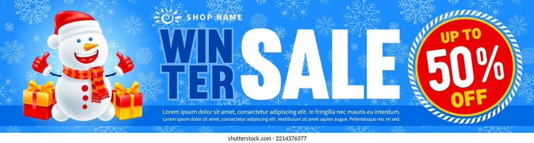 Christmas and New Year holidays winter sale. Advertising banner template with cute snowman, smiling and showing thumbs up, snowflakes and gifts on blue background, place for text. Vector illustration