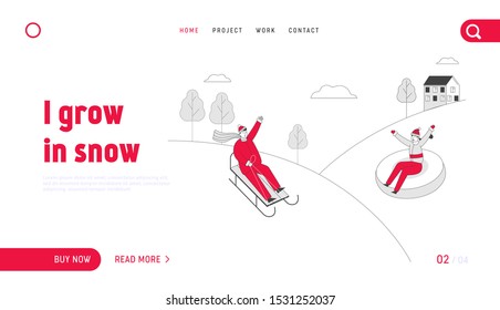 Christmas and New Year Holidays Wintertime Outdoors Activity and Spare Time Website Landing Page. Young Couple Sledding on Sledge and Tubing Web Page Banner. Cartoon Flat Vector Illustration, Line Art