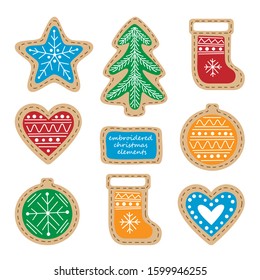 Christmas new year holyday decoration elements. Cute embroidered heart, ball, christmas tree and sock on white background. Vector.